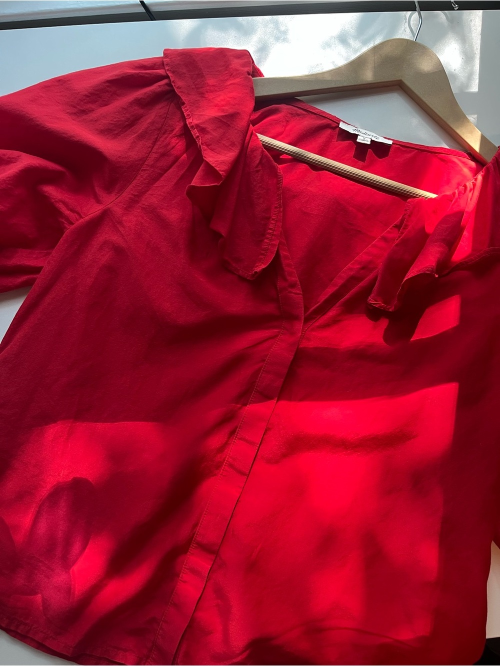 Tomato Red Madewell Silk Cotton Ruffle Collar Puff Sleeve Blouse Top Size M